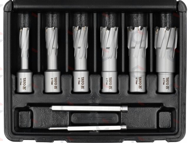 TCT karūninių grąžtų rinkinys magnetinėms gręžimo staklėms 12–27 mm, 8 vnt. (YT-43410) 1 TCT karūninių grąžtų rinkinys magnetinėms gręžimo staklėms 12–27 mm, 8 vnt. (YT-43410) 1