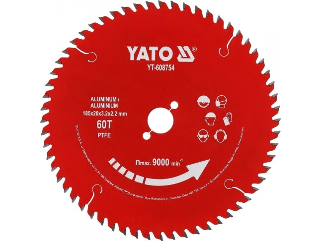 TCT pjovimo diskas aliuminiui su PTFE danga, 185 × 20 mm, 60 dantų YATO (YT-608754) 1 TCT pjovimo diskas aliuminiui su PTFE danga, 185 × 20 mm, 60 dantų YATO (YT-608754) 1