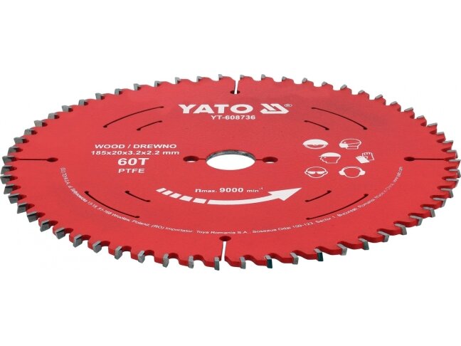 TCT pjovimo diskas medienai su PTFE danga, 185 × 20 mm, 60 dantų YATO (YT-608736) TCT pjovimo diskas medienai su PTFE danga, 185 × 20 mm, 60 dantų YATO (YT-608736)
