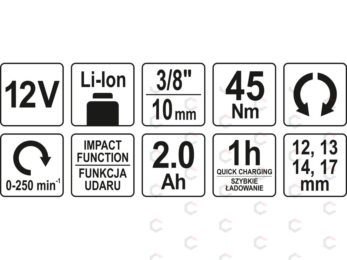 Terkšlė akumuliatorinė smūginė | 12.5 mm (1/2") | 12V 2,0AH 45 Nm (YT-82902) 5