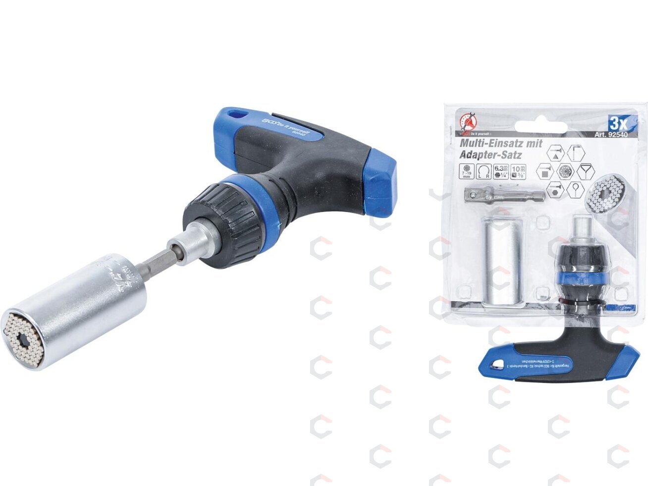 Terkšlinė rankena su daugiafunkcine galvute | 10 mm (3/8") | 7 - 19 mm | 3 vnt. (92540) 4 Terkšlinė rankena su daugiafunkcine galvute | 10 mm (3/8") | 7 - 19 mm | 3 vnt. (92540) 4