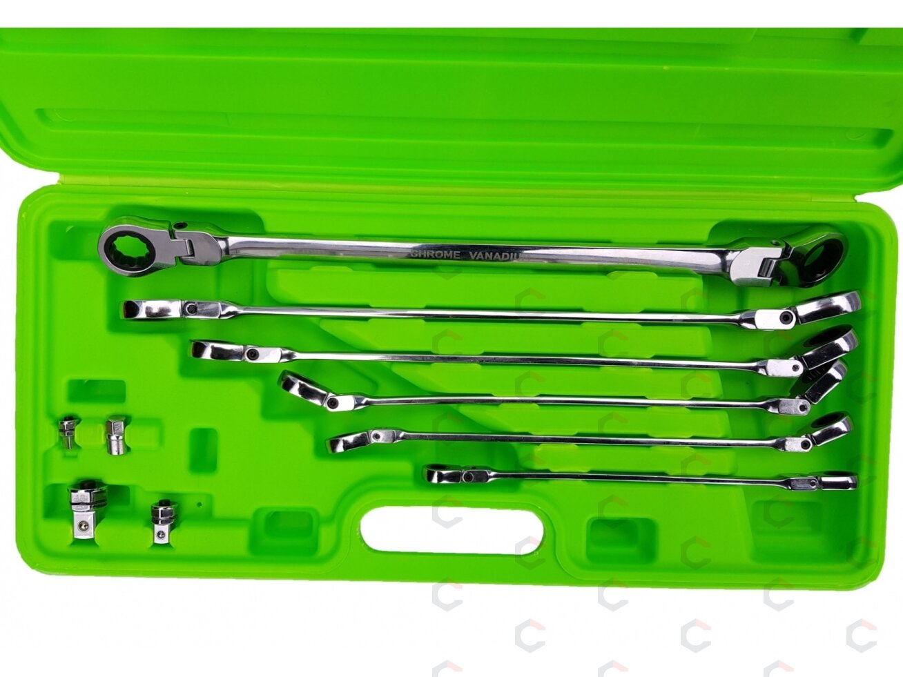 Terkšliniai dvipusiai ilgi raktai | šarnyriniai | su adapteriais | 8x9 - 17x19 mm | 10 vnt. (FMT10) 6 Terkšliniai dvipusiai ilgi raktai | šarnyriniai | su adapteriais | 8x9 - 17x19 mm | 10 vnt. (FMT10) 6