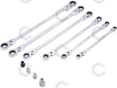 Terkšliniai dvipusiai ilgi raktai | šarnyriniai | su adapteriais | 8x9 - 17x19 mm | 10 vnt. (91541) Terkšliniai dvipusiai ilgi raktai | šarnyriniai | su adapteriais | 8x9 - 17x19 mm | 10 vnt. (91541)