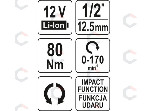 Terkšlė akumuliatorinė smūginė bešepetėlinė | 12.5 mm (1/2") | 12V 80 NM | be akumuliatoriaus (YT-829021) 3