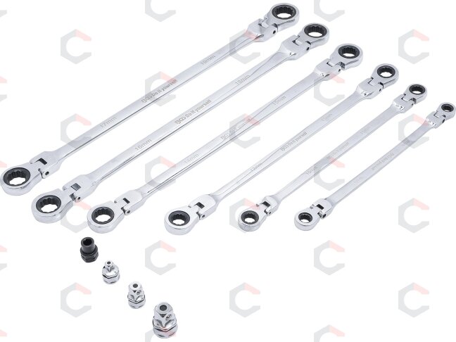 Terkšliniai dvipusiai ilgi raktai | šarnyriniai | su adapteriais | 8x9 - 17x19 mm | 10 vnt. (91541) Terkšliniai dvipusiai ilgi raktai | šarnyriniai | su adapteriais | 8x9 - 17x19 mm | 10 vnt. (91541)