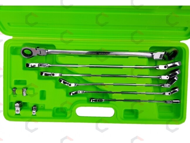 Terkšliniai dvipusiai ilgi raktai | šarnyriniai | su adapteriais | 8x9 - 17x19 mm | 10 vnt. (FMT10) 6 Terkšliniai dvipusiai ilgi raktai | šarnyriniai | su adapteriais | 8x9 - 17x19 mm | 10 vnt. (FMT10) 6