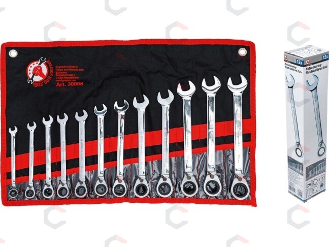 Terkšlinių raktų rinkinys | su reversu | 8 - 19 mm | 12 vnt. (30008) 4 Terkšlinių raktų rinkinys | su reversu | 8 - 19 mm | 12 vnt. (30008) 4