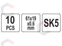 Trapecinių atsarginių ašmenų rinkinys | SK5 | 61 × 19 × 0,6 mm | 10 vnt. (YT-75311) 4 Trapecinių atsarginių ašmenų rinkinys | SK5 | 61 × 19 × 0,6 mm | 10 vnt. (YT-75311) 4