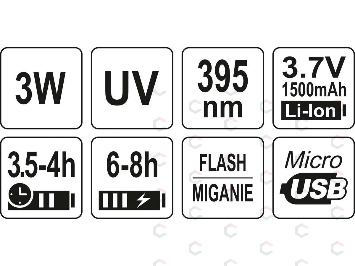 UV žibintuvėlis akumuliatorinis | LI-ION 3.7V | 1500 mAh + akiniai (YT-08588) 7 UV žibintuvėlis akumuliatorinis | LI-ION 3.7V | 1500 mAh + akiniai (YT-08588) 7