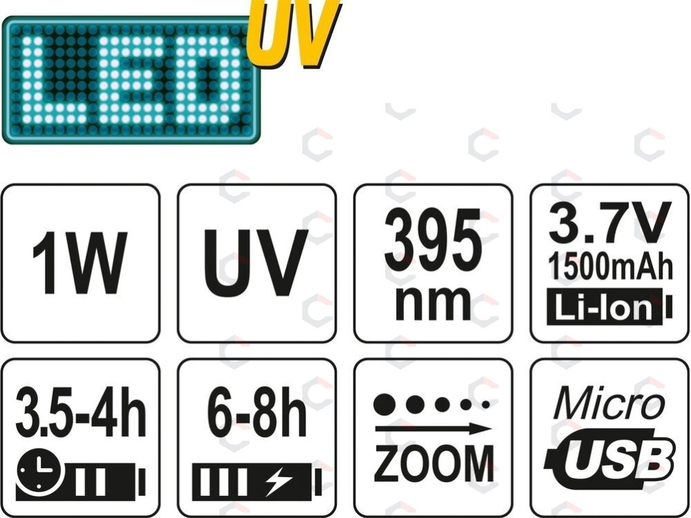 UV žibintuvėlis akumuliatorinis | LI-ION 3.7V | 1500 mAh + akiniai (YT-08587) 6 UV žibintuvėlis akumuliatorinis | LI-ION 3.7V | 1500 mAh + akiniai (YT-08587) 6