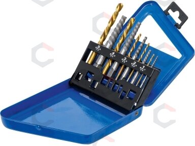 Užlūžusių varžtų išsukėjų ir kairinių grąžtų rinkinys | HSS | titano nitridas | 2 - 7.5 mm | 10 vnt. (6780) Užlūžusių varžtų išsukėjų ir kairinių grąžtų rinkinys | HSS | titano nitridas | 2 - 7.5 mm | 10 vnt. (6780)
