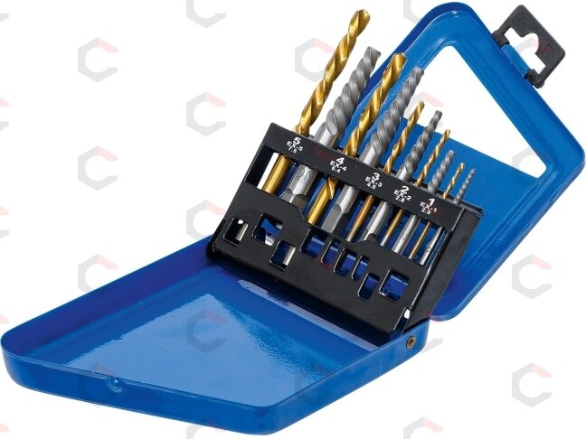 Užlūžusių varžtų išsukėjų ir kairinių grąžtų rinkinys | HSS | titano nitridas | 2 - 7.5 mm | 10 vnt. (6780) Užlūžusių varžtų išsukėjų ir kairinių grąžtų rinkinys | HSS | titano nitridas | 2 - 7.5 mm | 10 vnt. (6780)