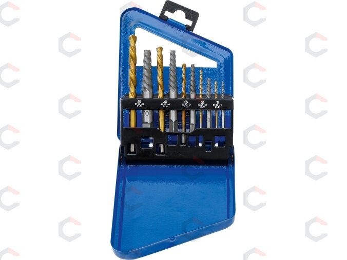 Užlūžusių varžtų išsukėjų ir kairinių grąžtų rinkinys | HSS | titano nitridas | 2 - 7.5 mm | 10 vnt. (6780) 1 Užlūžusių varžtų išsukėjų ir kairinių grąžtų rinkinys | HSS | titano nitridas | 2 - 7.5 mm | 10 vnt. (6780) 1