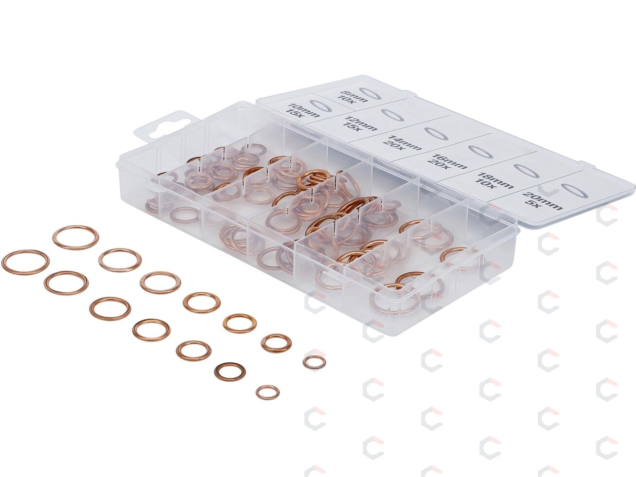 Varinių tarpinių įpresuotų guma rinkinys | Ø 6-20 mm | 95 vnt. (9313) Varinių tarpinių įpresuotų guma rinkinys | Ø 6-20 mm | 95 vnt. (9313)