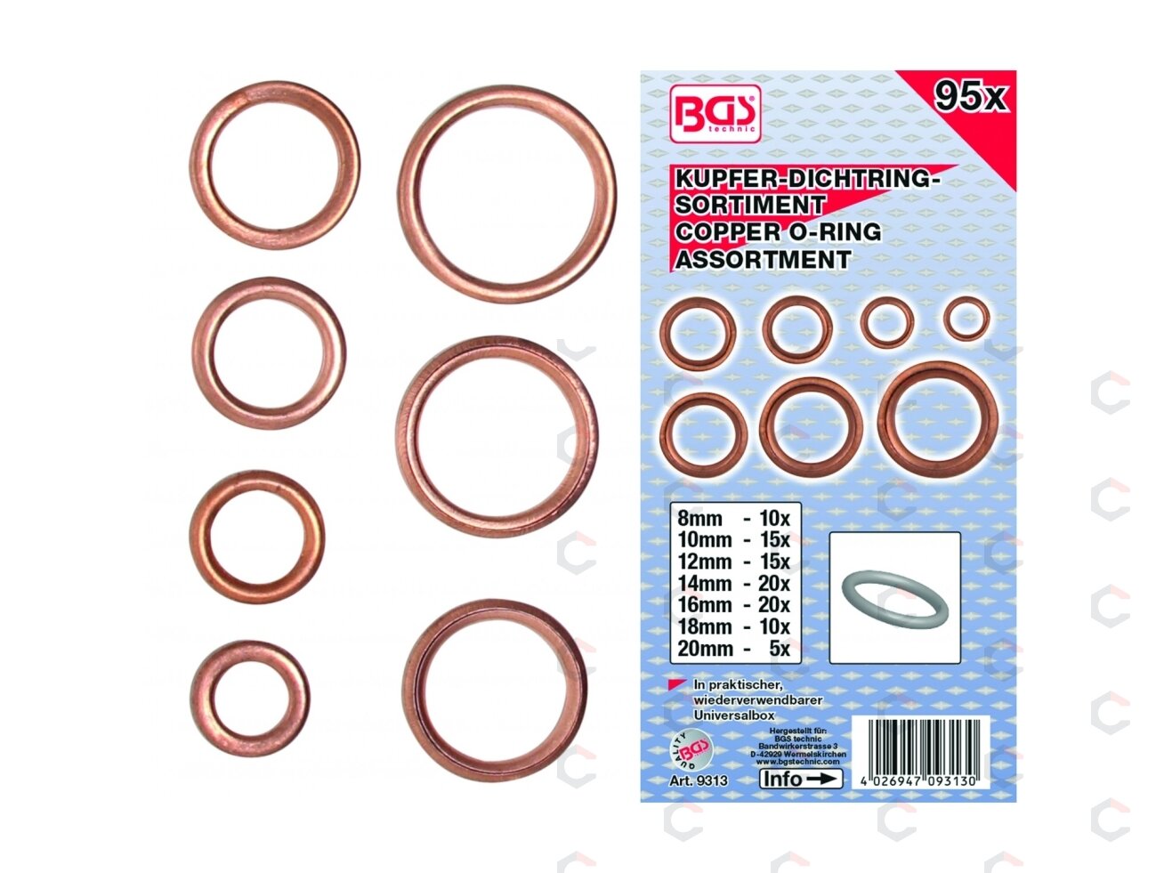 Varinių tarpinių įpresuotų guma rinkinys | Ø 6-20 mm | 95 vnt. (9313) 2 Varinių tarpinių įpresuotų guma rinkinys | Ø 6-20 mm | 95 vnt. (9313) 2