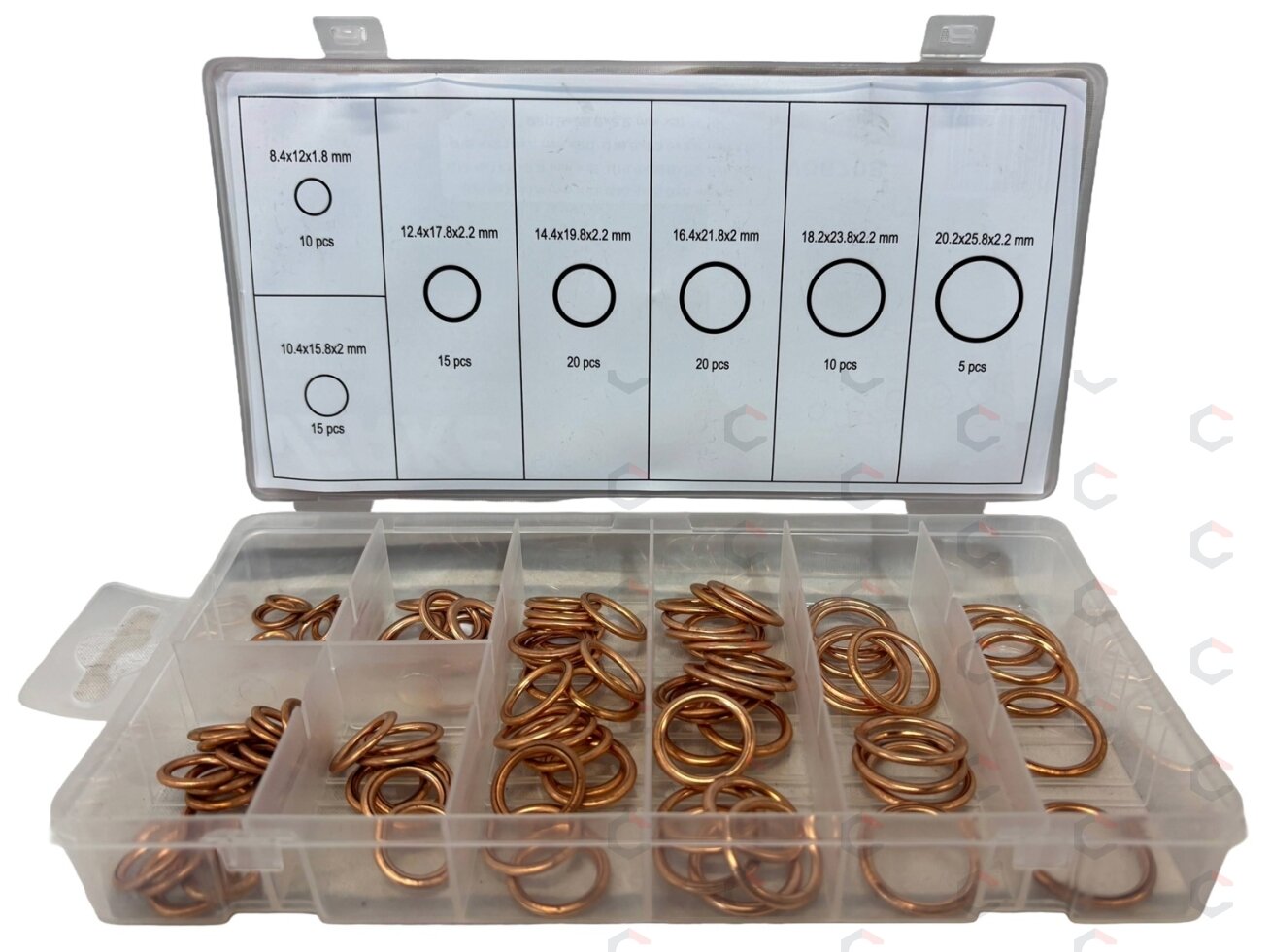 Varinių tarpinių su įpresuota guma rinkinys | apvalios | Ø 6–20 mm | 95 vnt. (SK010095) 2 Varinių tarpinių su įpresuota guma rinkinys | apvalios | Ø 6–20 mm | 95 vnt. (SK010095) 2
