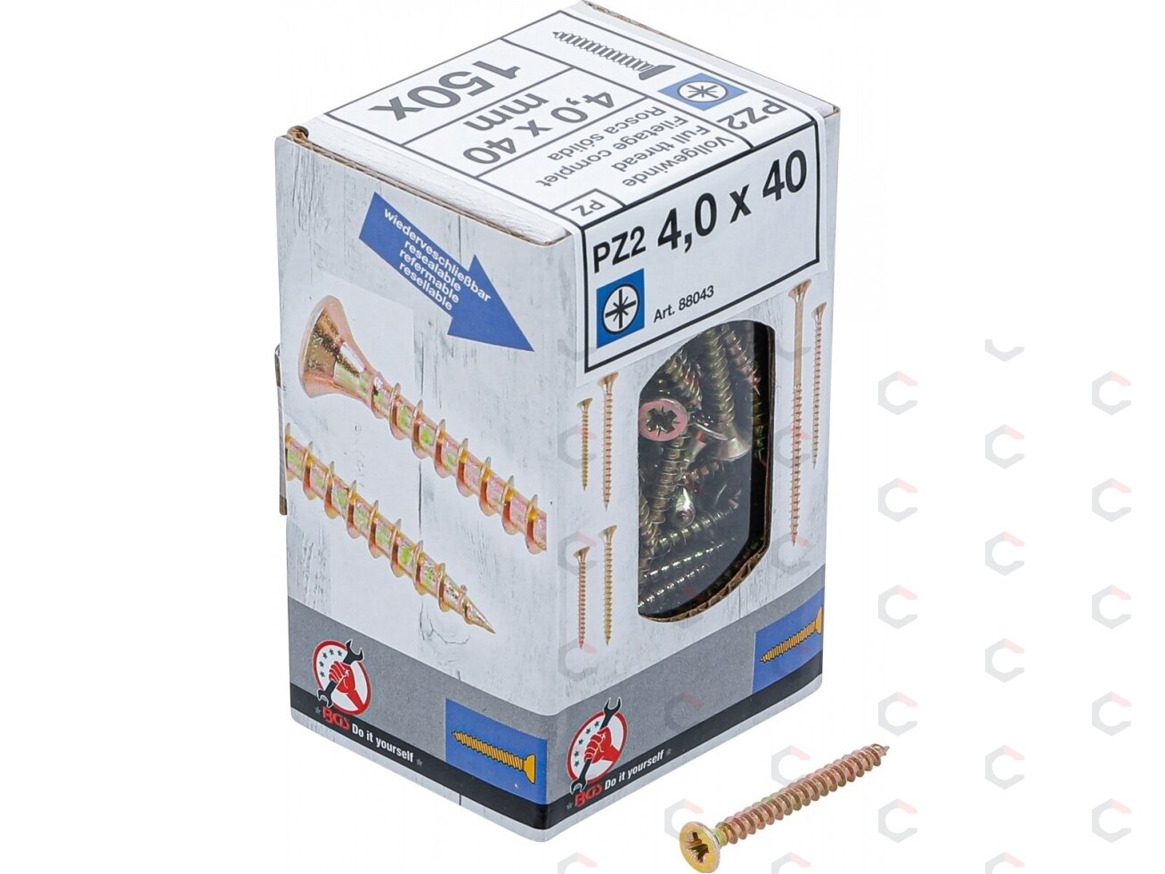 Varžtai su kryžmine galvute PZ2 | 4.0 x 40 mm | galvanizuoti | 150 vnt. (88043) Varžtai su kryžmine galvute PZ2 | 4.0 x 40 mm | galvanizuoti | 150 vnt. (88043)