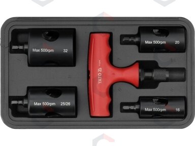 Vamzdžių kalibravimo ir briaunų nuėmimo rinkinys PEX | 16–32 mm | 5 vnt (YT-22370) Vamzdžių kalibravimo ir briaunų nuėmimo rinkinys PEX | 16–32 mm | 5 vnt (YT-22370)