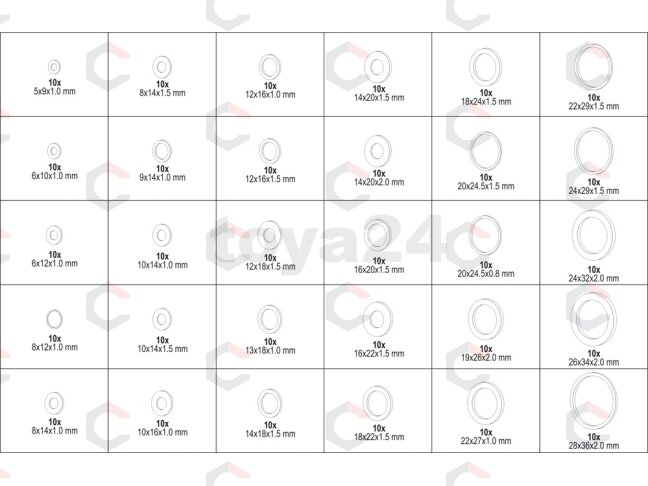 Varinių sandarinimo tarpinių rinkinys minkšto tipo 5 x 9 x 1–28 x 36 x 2 mm 300 vnt. (YT-06872) 3 Varinių sandarinimo tarpinių rinkinys minkšto tipo 5 x 9 x 1–28 x 36 x 2 mm 300 vnt. (YT-06872) 3