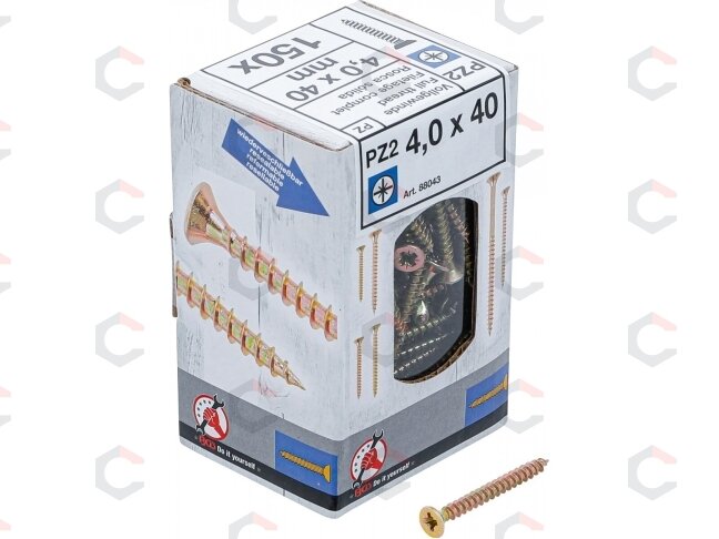 Varžtai su kryžmine galvute PZ2 | 4.0 x 40 mm | galvanizuoti | 150 vnt. (88043) Varžtai su kryžmine galvute PZ2 | 4.0 x 40 mm | galvanizuoti | 150 vnt. (88043)