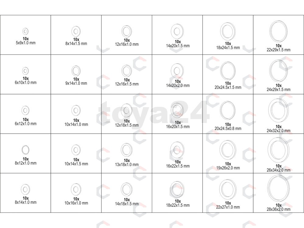 Varinių sandarinimo tarpinių rinkinys minkšto tipo 5 x 9 x 1–28 x 36 x 2 mm 300 vnt. (YT-06872) 3 Varinių sandarinimo tarpinių rinkinys minkšto tipo 5 x 9 x 1–28 x 36 x 2 mm 300 vnt. (YT-06872) 3