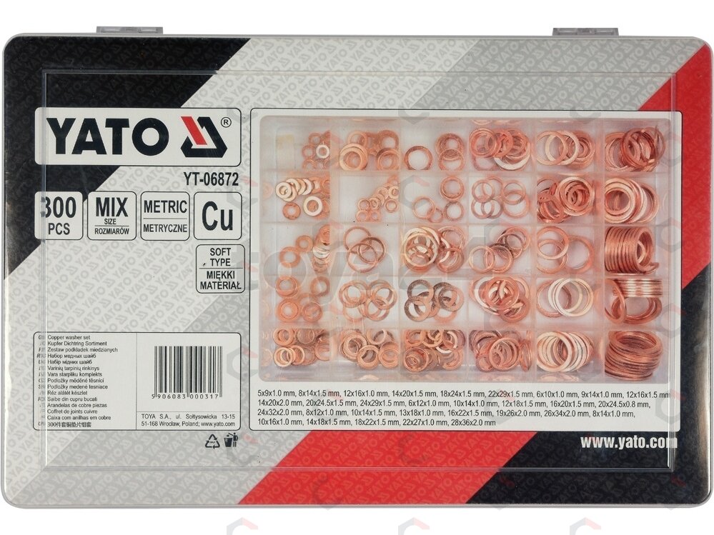 Varinių sandarinimo tarpinių rinkinys minkšto tipo 5 x 9 x 1–28 x 36 x 2 mm 300 vnt. (YT-06872) Varinių sandarinimo tarpinių rinkinys minkšto tipo 5 x 9 x 1–28 x 36 x 2 mm 300 vnt. (YT-06872)