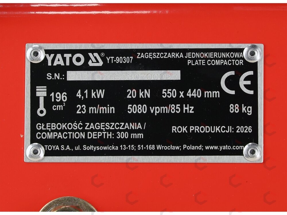 Vienkryptė benzininė vibroplokštė | 20 kN | 550 × 440 mm | 88 kg (YT-90307) 15 Vienkryptė benzininė vibroplokštė | 20 kN | 550 × 440 mm | 88 kg (YT-90307) 15