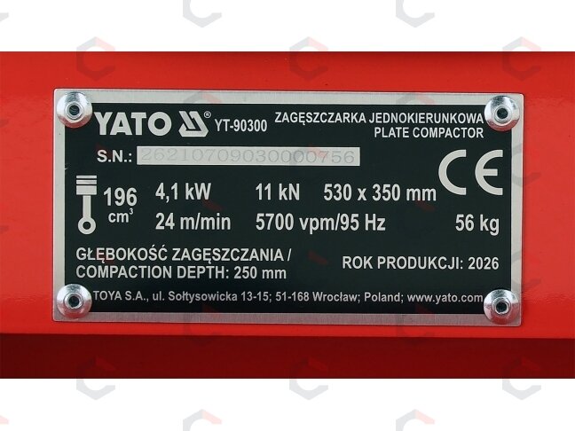 Vienkryptė benzininė vibroplokštė | 11 kN | 6,5 AG | 530 × 350 mm (YT-90300) 14 Vienkryptė benzininė vibroplokštė | 11 kN | 6,5 AG | 530 × 350 mm (YT-90300) 14