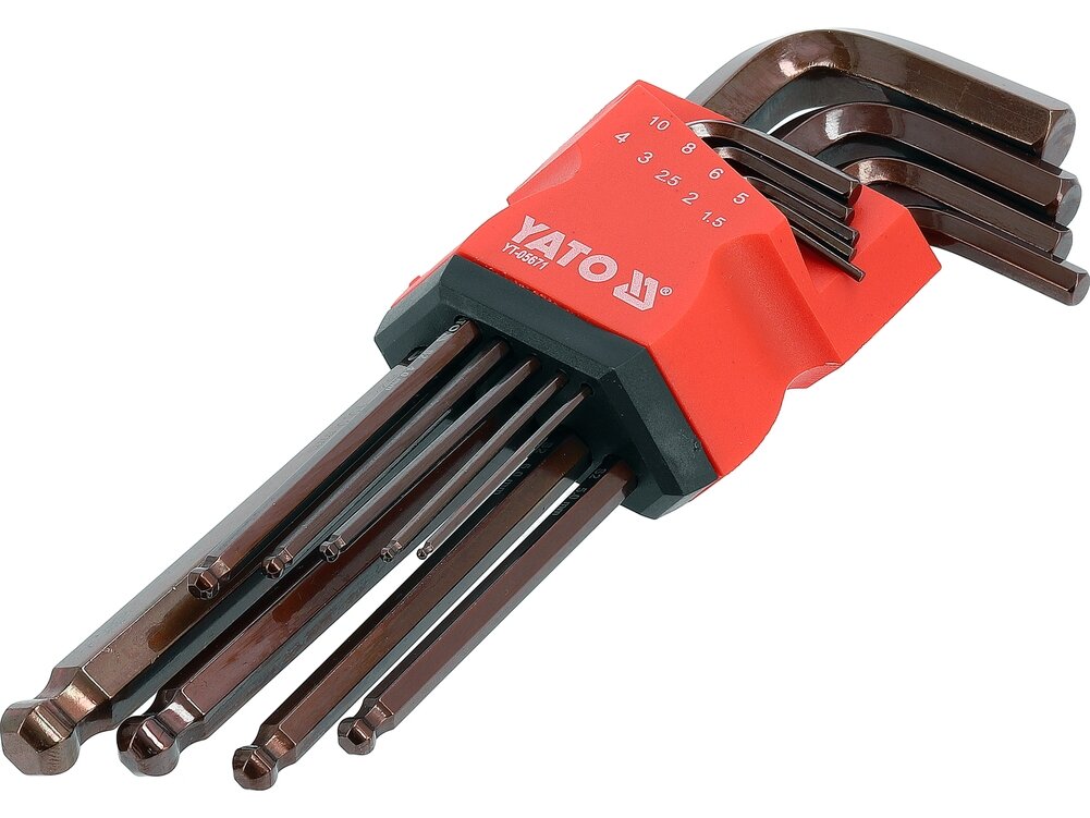 YATO ilgų L tipo šešiakampių raktų rinkinys su rutuliniais galais | 1,5–10 mm | 9 vnt. (YT-05671)