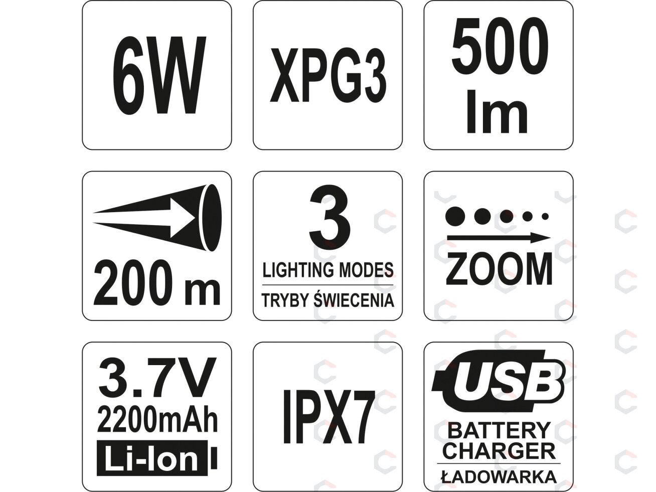 Žibintuvėlis XP-G3 CREE 6W Akumuliatorinis (YT-08568) 7 Žibintuvėlis XP-G3 CREE 6W Akumuliatorinis (YT-08568) 7