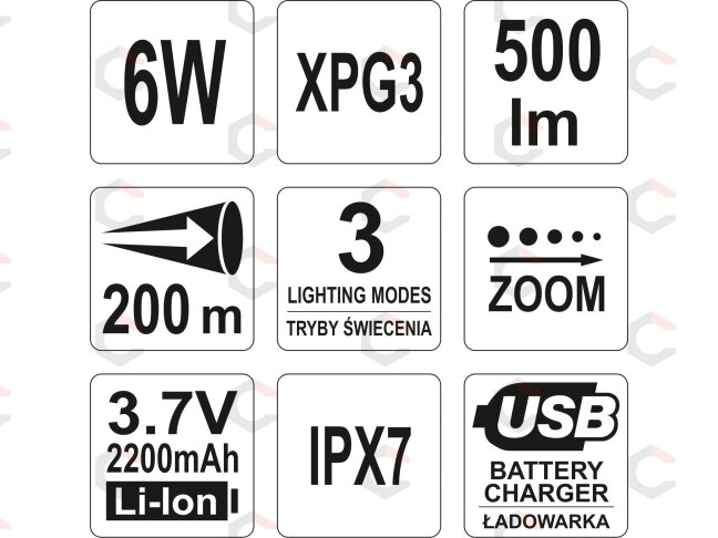 Žibintuvėlis XP-G3 CREE 6W Akumuliatorinis (YT-08568) 7 Žibintuvėlis XP-G3 CREE 6W Akumuliatorinis (YT-08568) 7